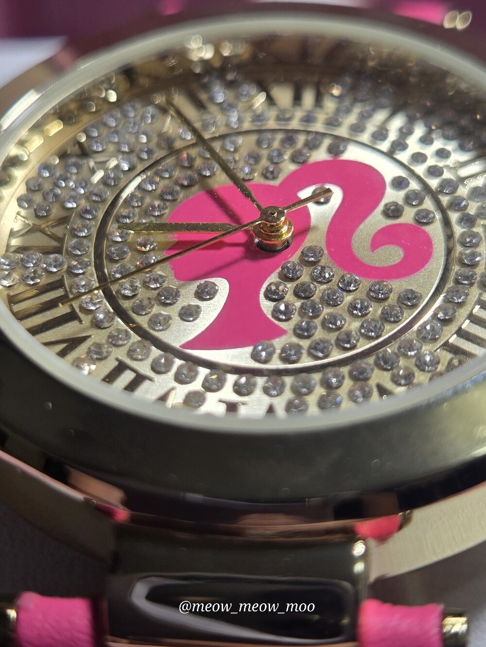 NIB Barbie Gold Tone Watch Pink Strap Crystal Rhinestone Dial